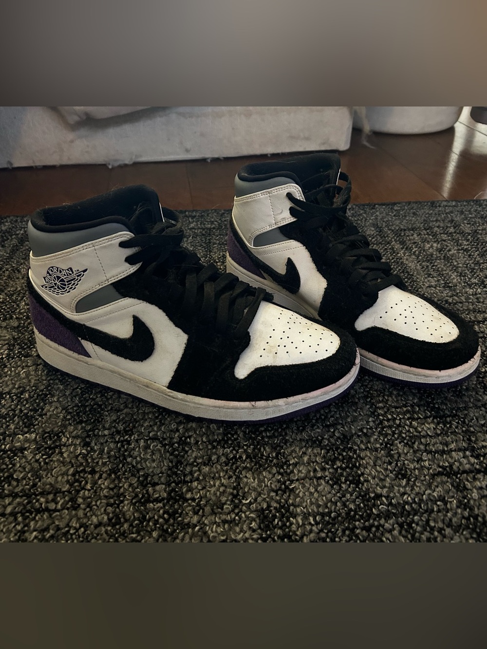 Jordan 1 Mid Men’s Black White Purple Leather & Suede Sneakers